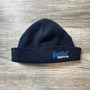 Superdry Beanie Hat Mens OS‎ Navy Blue Embroidered Logo Ribbed Knit Winter T53